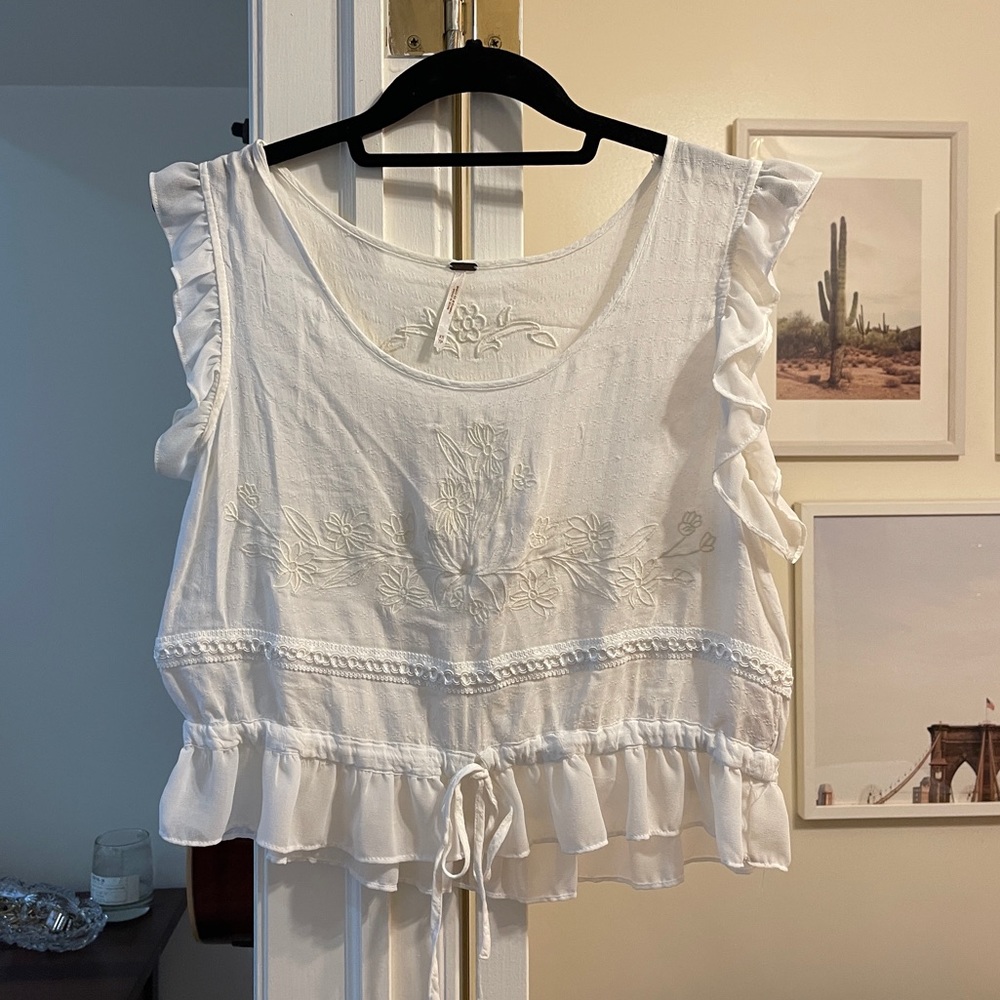 Free People White Ruffle Cropped Top